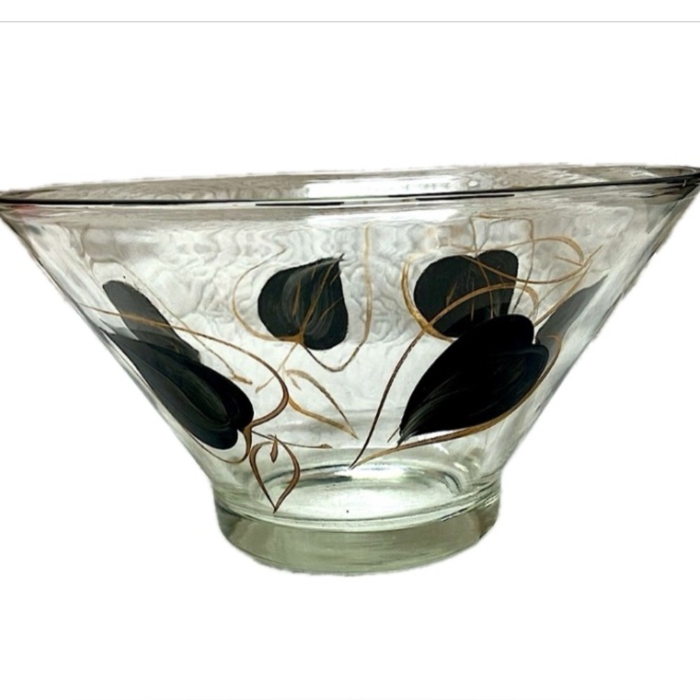 Vintage Anchor Hocking large glass chip bowl, hand painted black & gold leaf